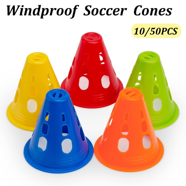 soccer cones, training cones, sports cones, agility cones, field markers, practice cones, windproof cones, product launch, minimalist, playful, red, blue, yellow
